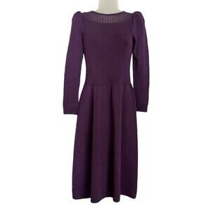 St John Vintage Plum Purple Santana Knit Wool Long-Sleeve A-Line Midi Dress
